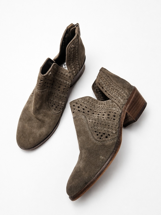 Vince Camuto Shoes - Vince Camuto Olive Taupe Suede Laser-Cut Ankle Booties